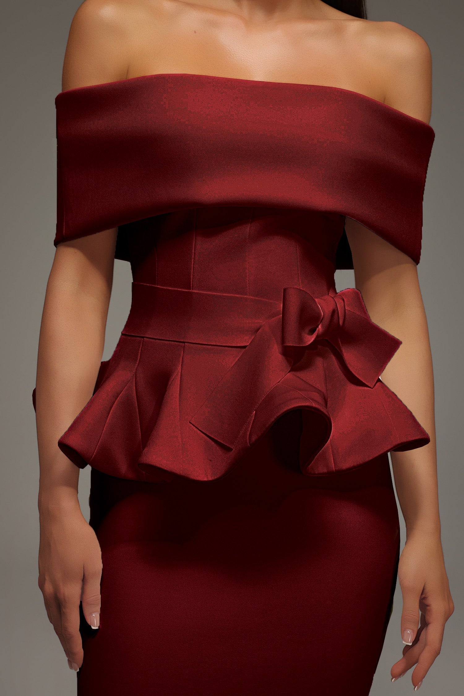 Off The Shoulder Ruffled Edge Red Midi Dress