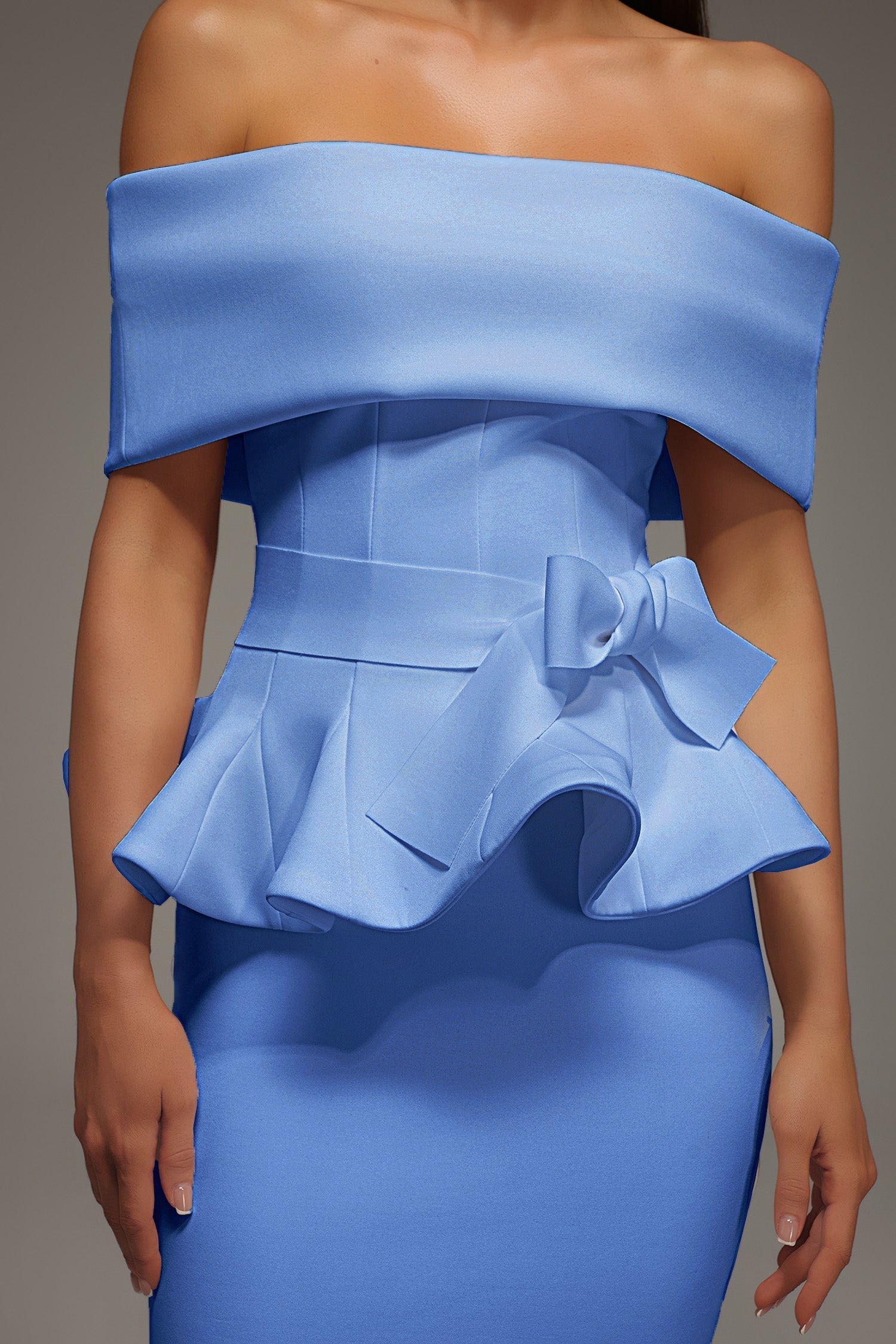 Off The Shoulder Ruffled Edge Blue Midi Dress