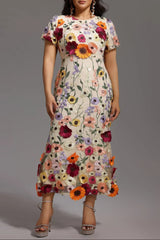 Short Sleeve Round Neck Flowers Midi Dress