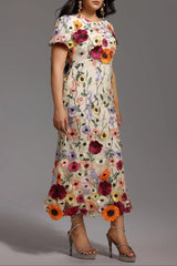 Short Sleeve Round Neck Flowers Midi Dress