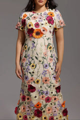Short Sleeve Round Neck Flowers Midi Dress
