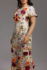 Short Sleeve Round Neck Flowers Midi Dress