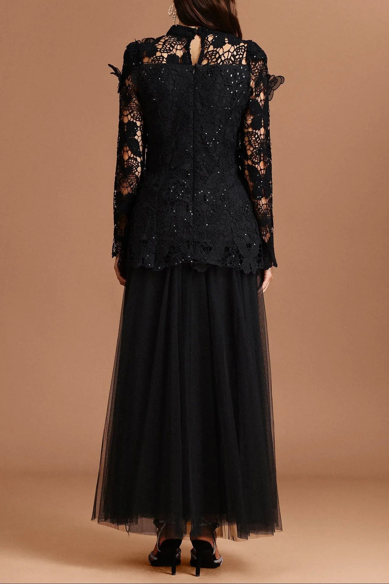 Black Long Sleeve Folds Lace Top And Skirt Two-Piece Set