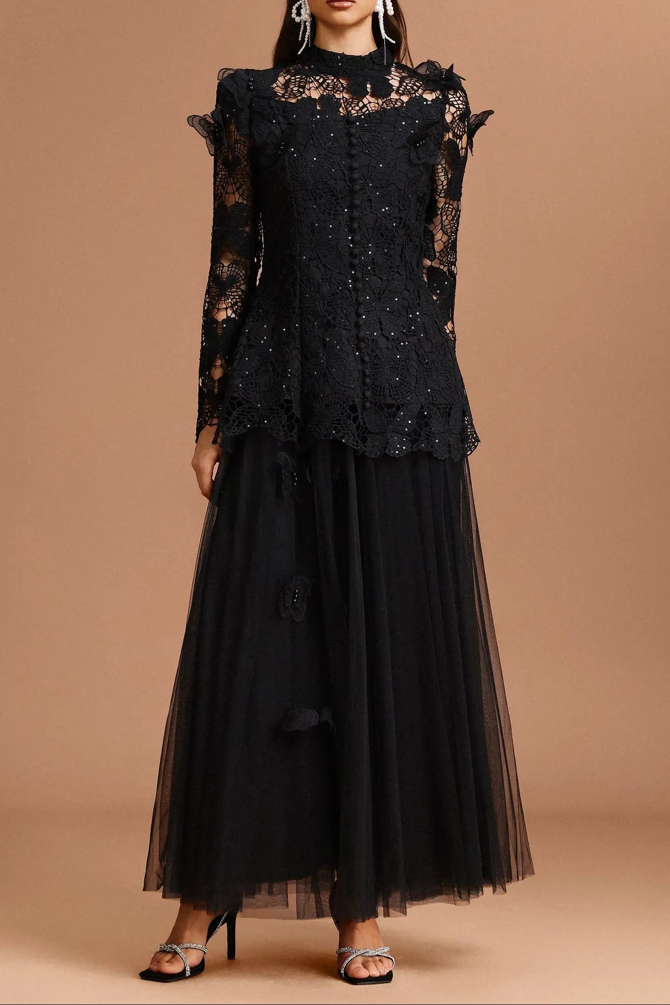 Black Long Sleeve Folds Lace Top And Skirt Two-Piece Set