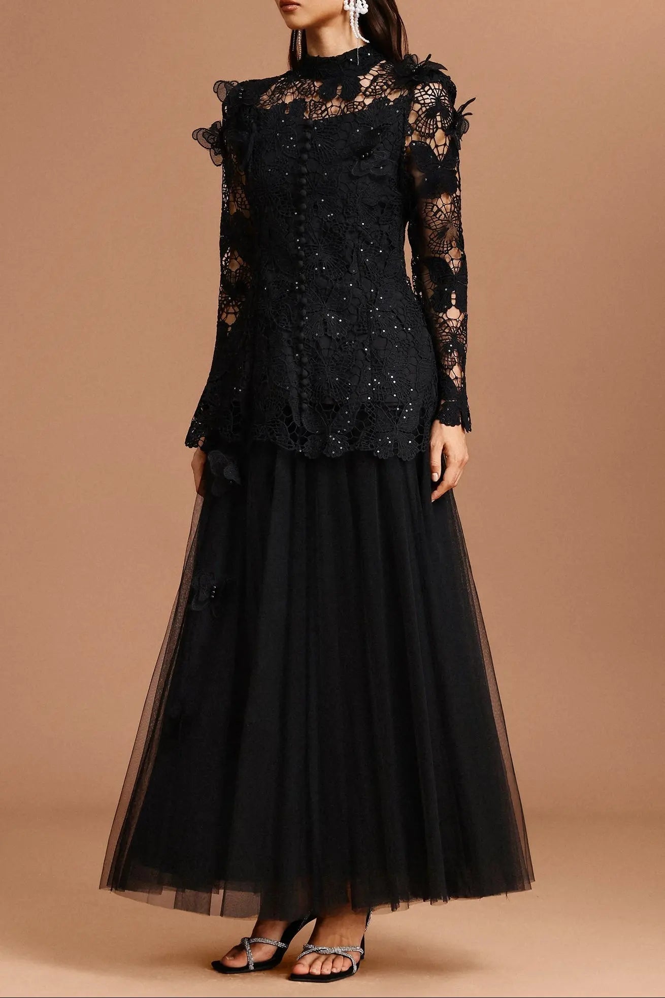 Black Long Sleeve Folds Lace Top And Skirt Two-Piece Set