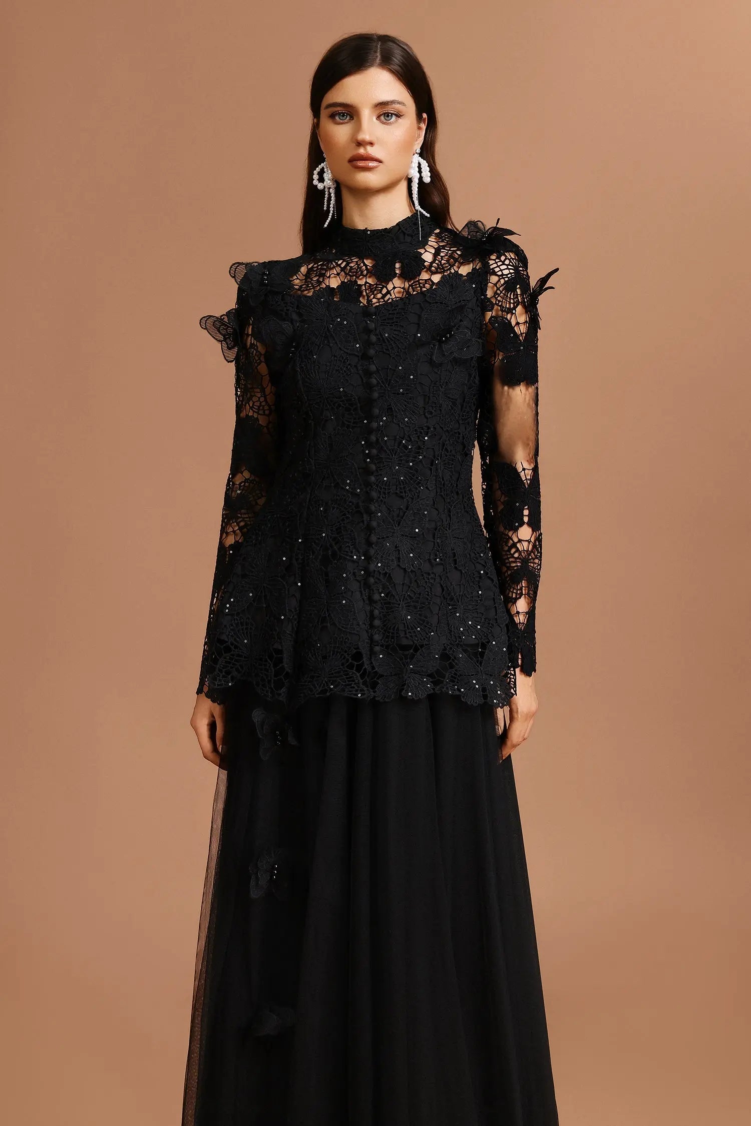 Black Long Sleeve Folds Lace Top And Skirt Two-Piece Set