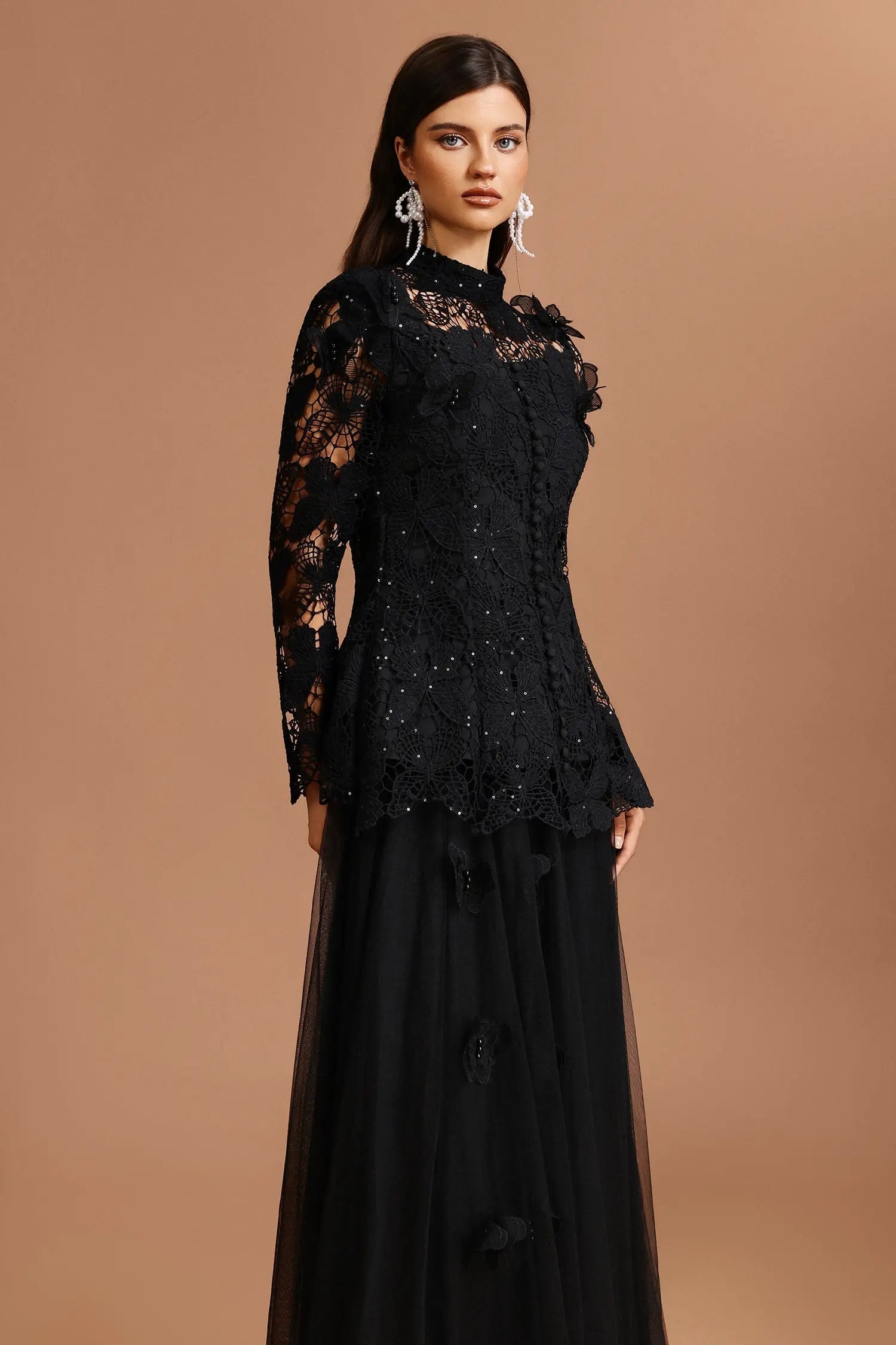 Black Long Sleeve Folds Lace Top And Skirt Two-Piece Set