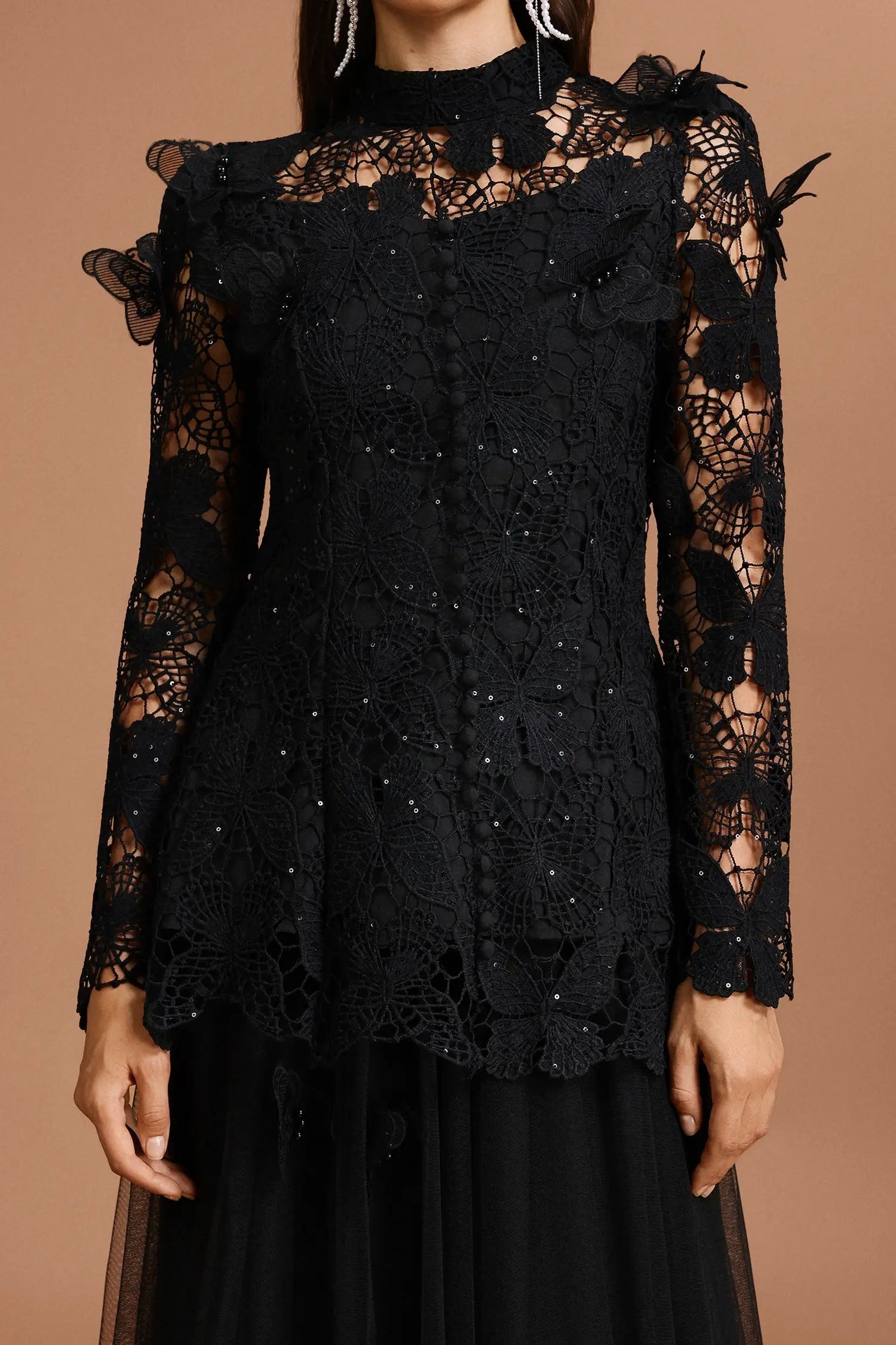 Black Long Sleeve Folds Lace Top And Skirt Two-Piece Set