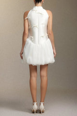White Satin Sleeveless Puffy Mini Dress
