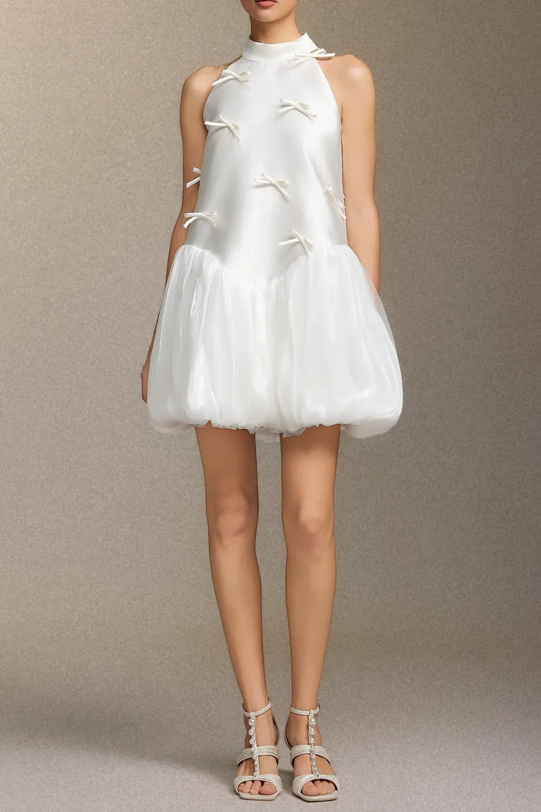 White Satin Sleeveless Puffy Mini Dress