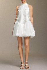 White Satin Sleeveless Puffy Mini Dress