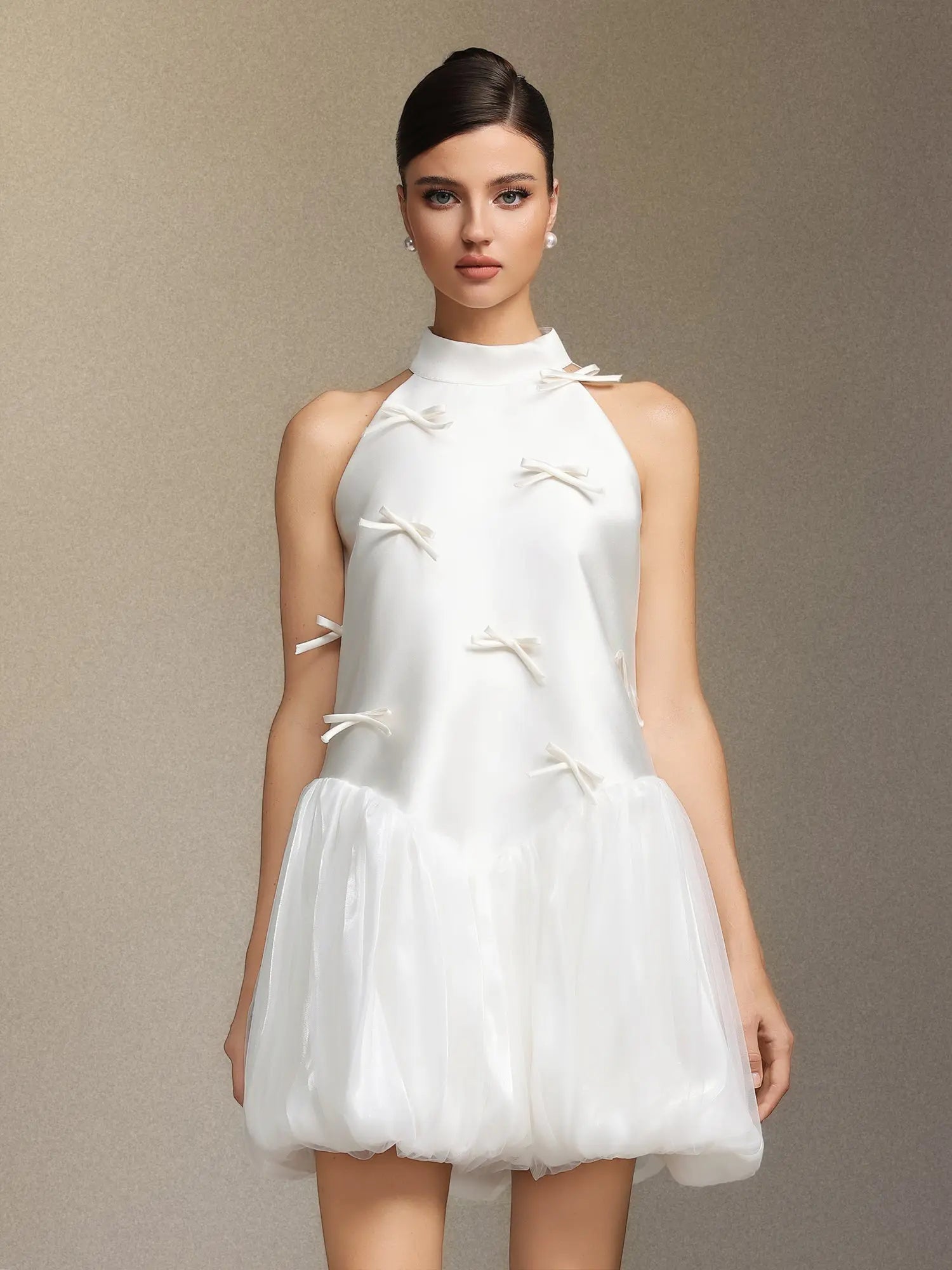 White Satin Sleeveless Puffy Mini Dress