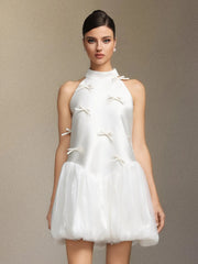 White Satin Sleeveless Puffy Mini Dress