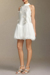 White Satin Sleeveless Puffy Mini Dress