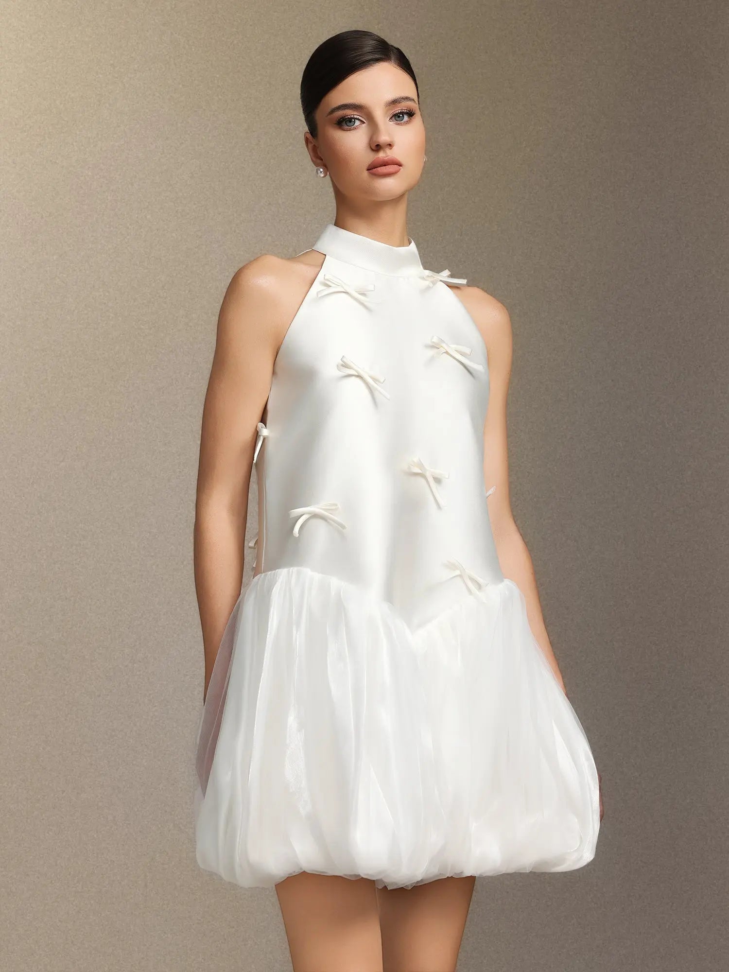 White Satin Sleeveless Puffy Mini Dress