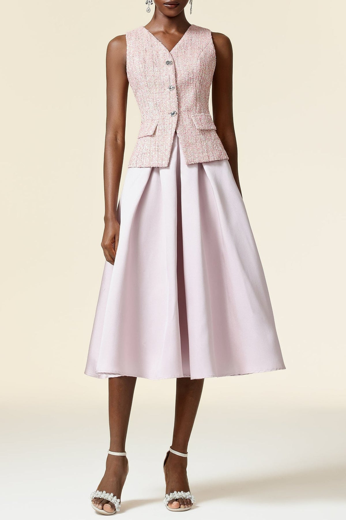 Pink V-Neck Sleeveless Top & Skirt Two-Piece Set
