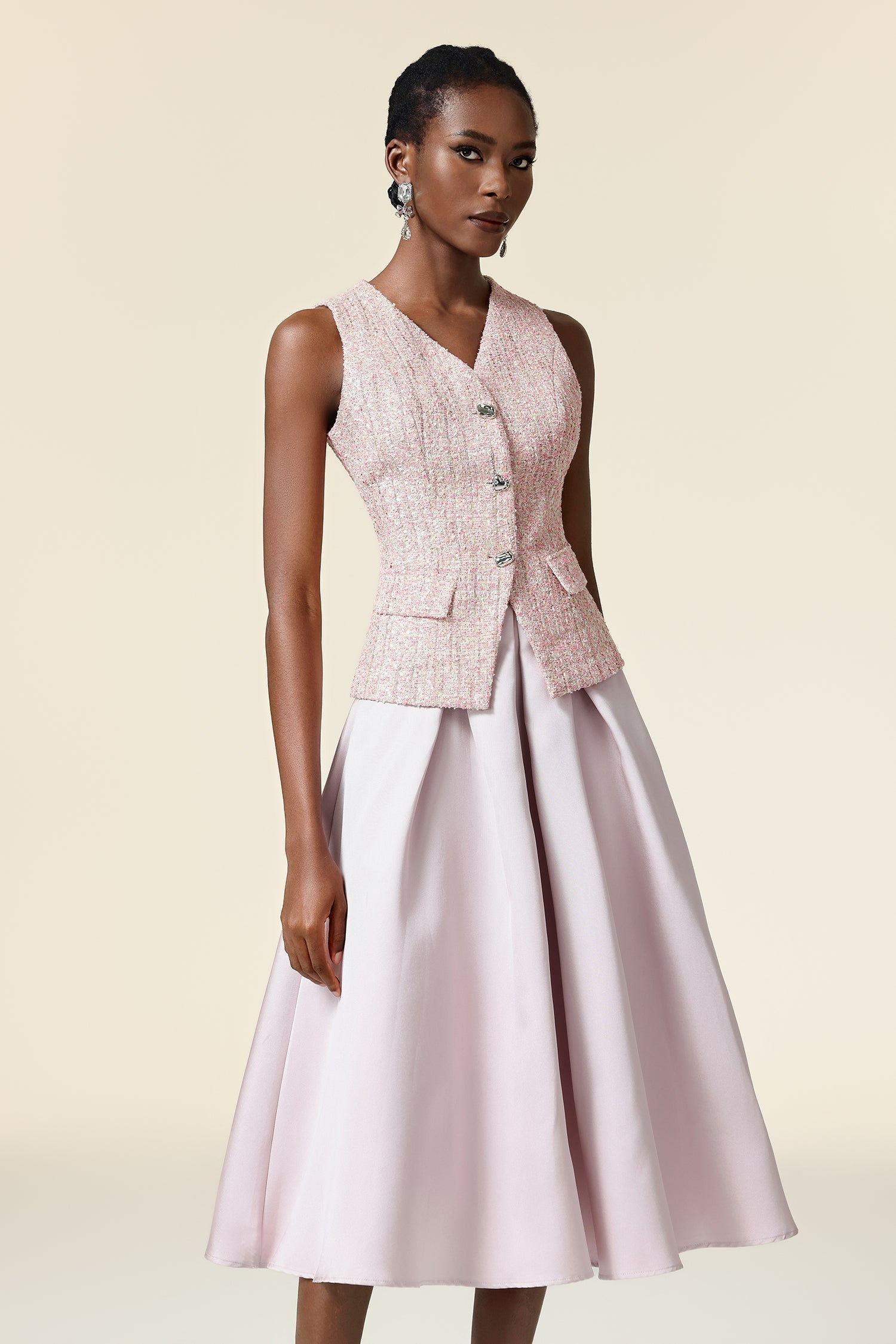 Pink V-Neck Sleeveless Top & Skirt Two-Piece Set