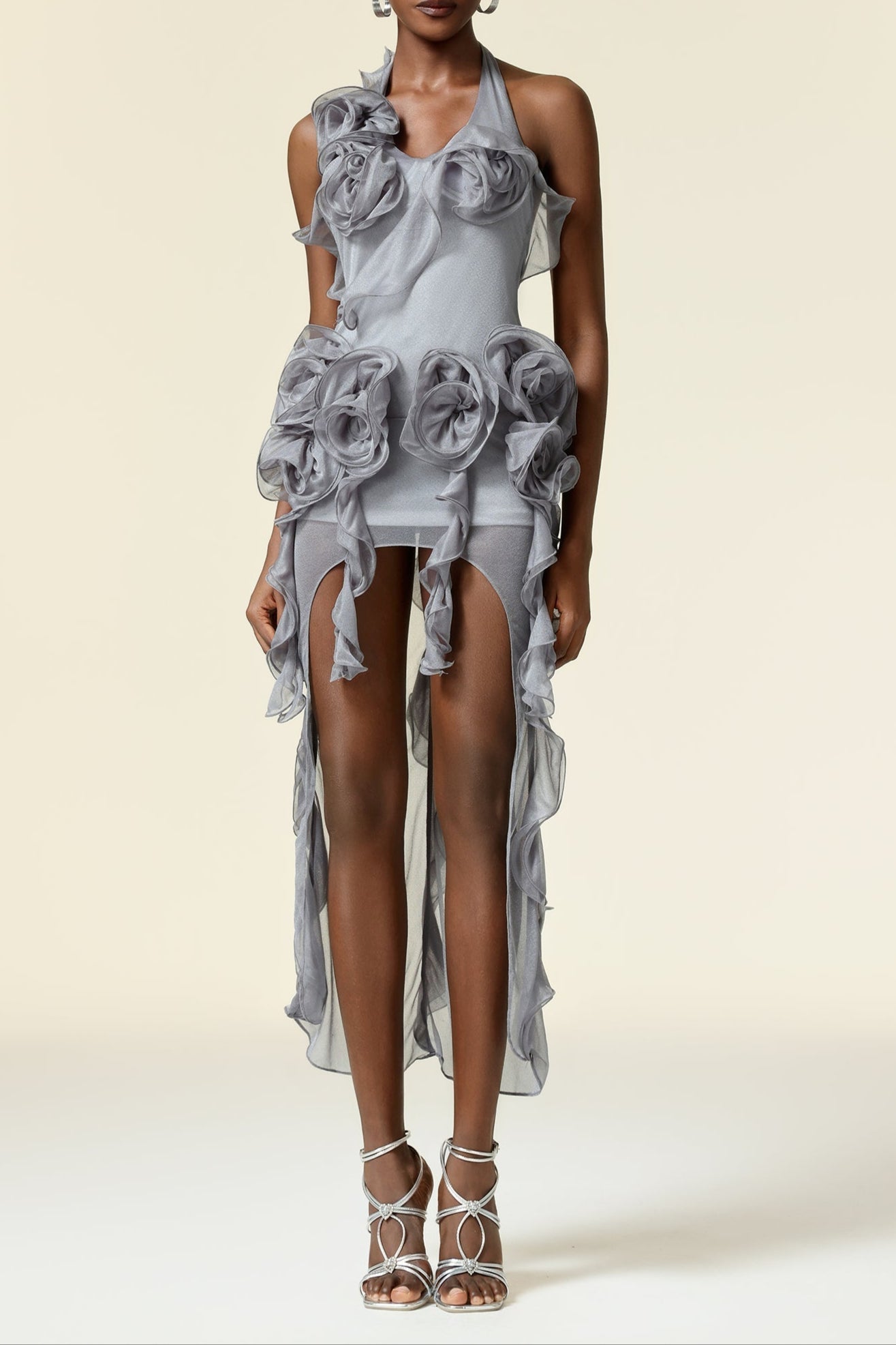 Grey Flower Folds Streame Mini Dress