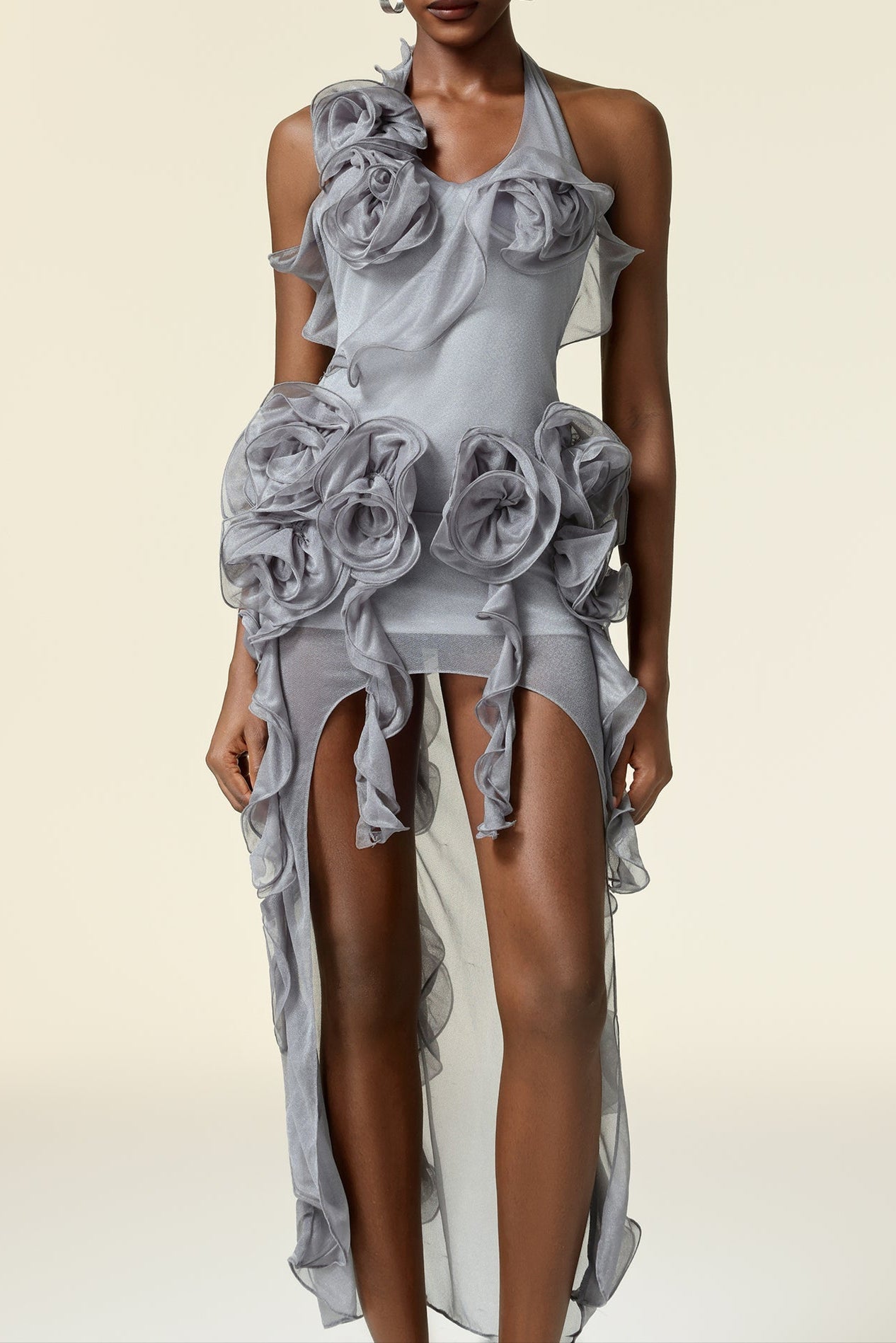Grey Flower Folds Streame Mini Dress