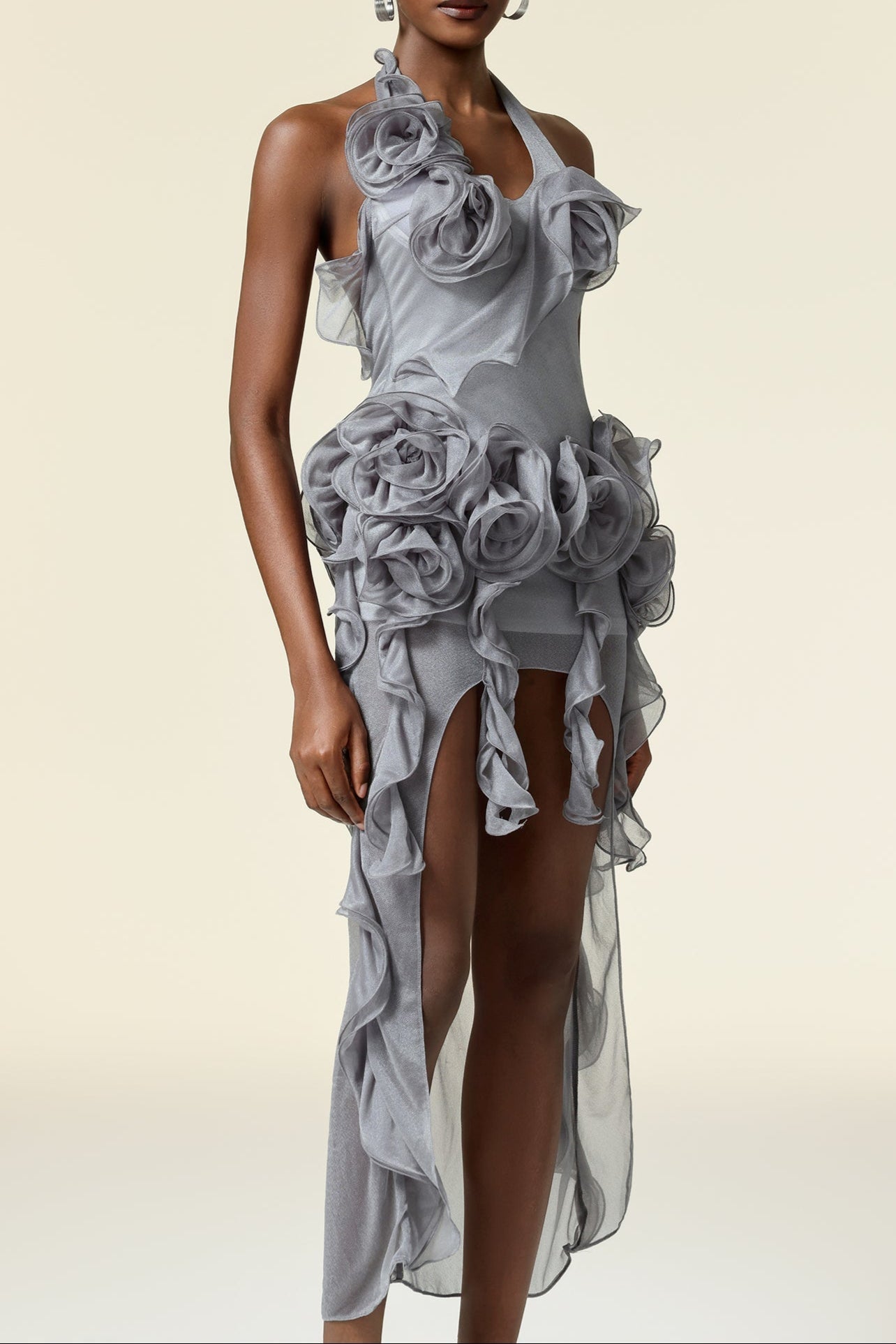 Grey Flower Folds Streame Mini Dress