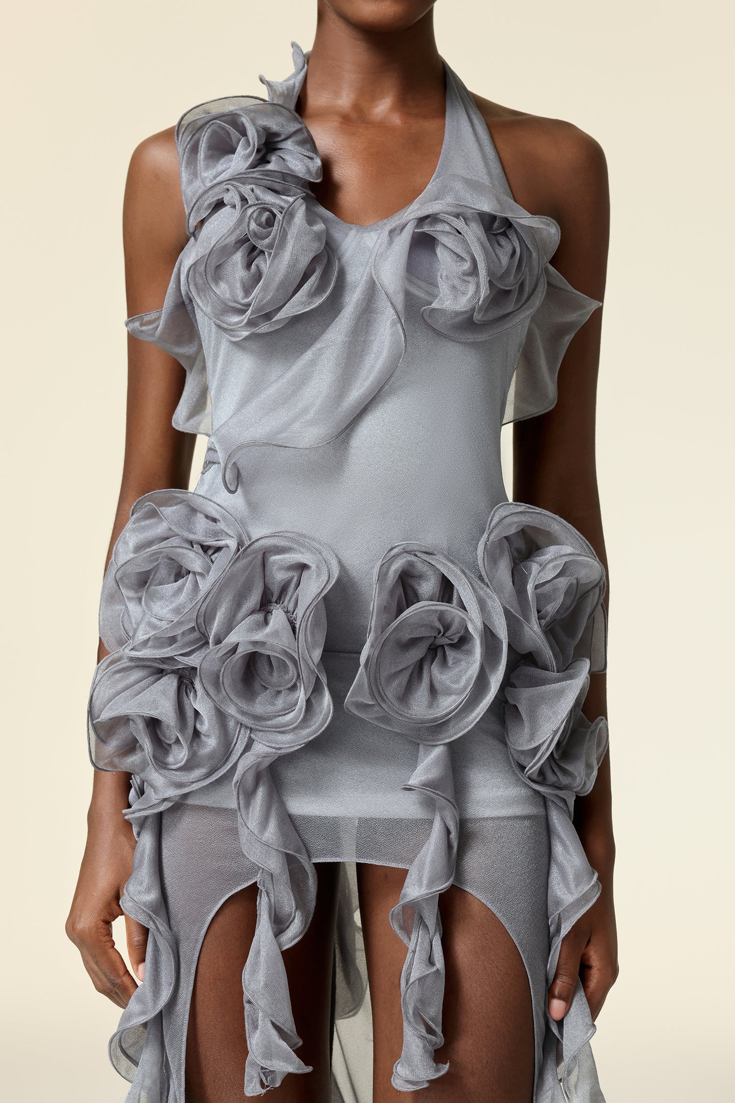 Grey Flower Folds Streame Mini Dress