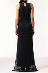 Halter Sleeveless Lace Wrinkle Maxi Dress