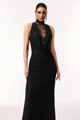 Halter Sleeveless Lace Wrinkle Maxi Dress