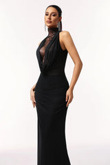 Halter Sleeveless Lace Wrinkle Maxi Dress
