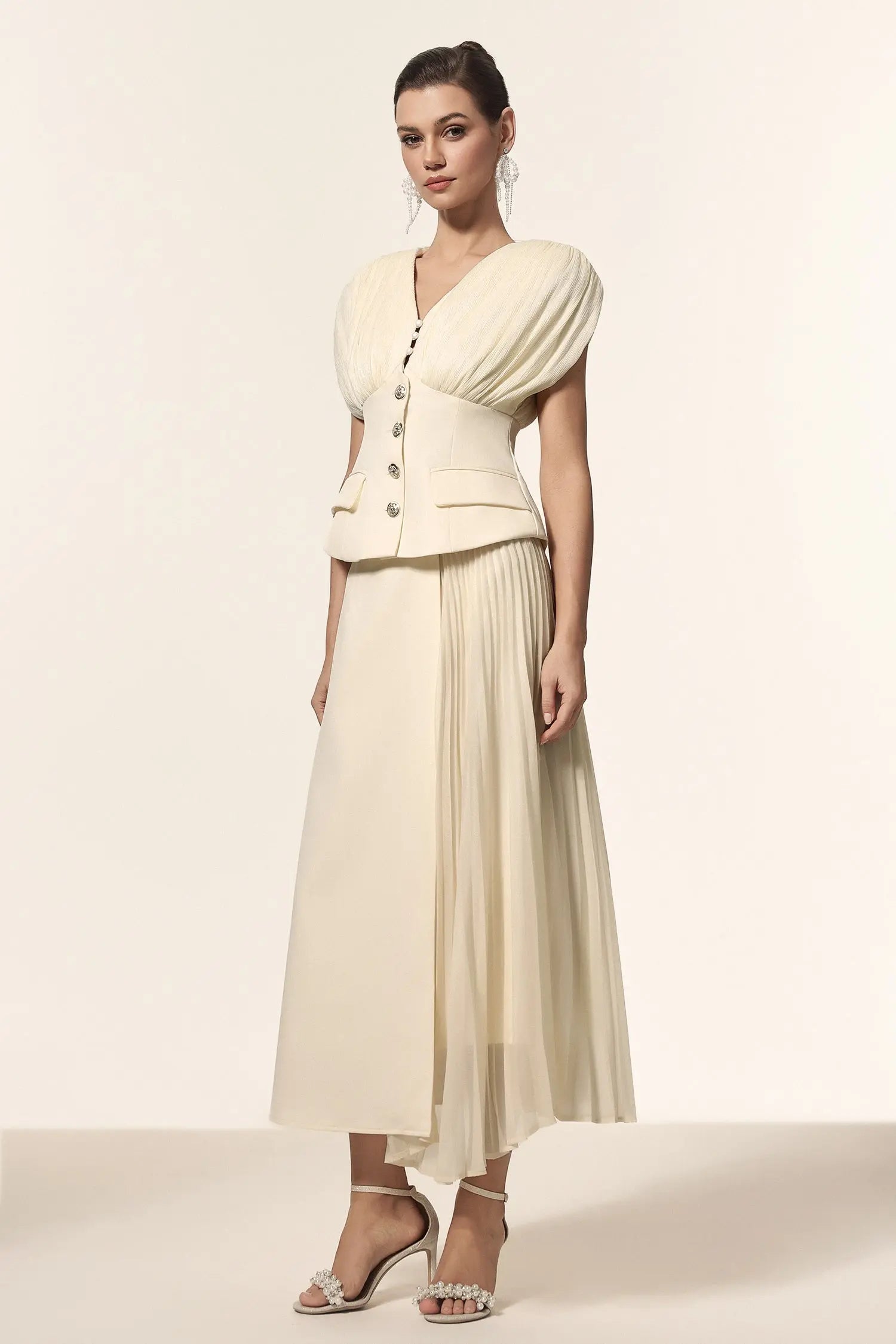 V-Neck Sleeveless Folds Top And Skirt Two-Piece Set