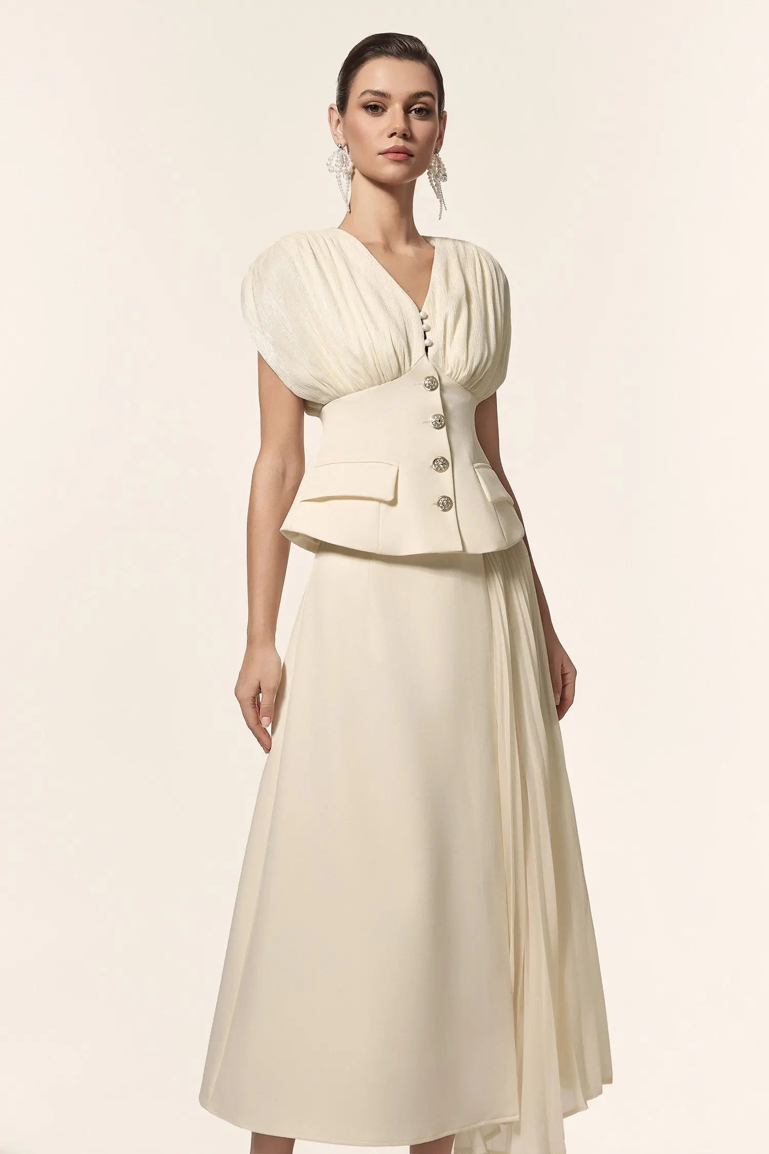 V-Neck Sleeveless Folds Top And Skirt Two-Piece Set