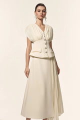 V-Neck Sleeveless Folds Top And Skirt Two-Piece Set