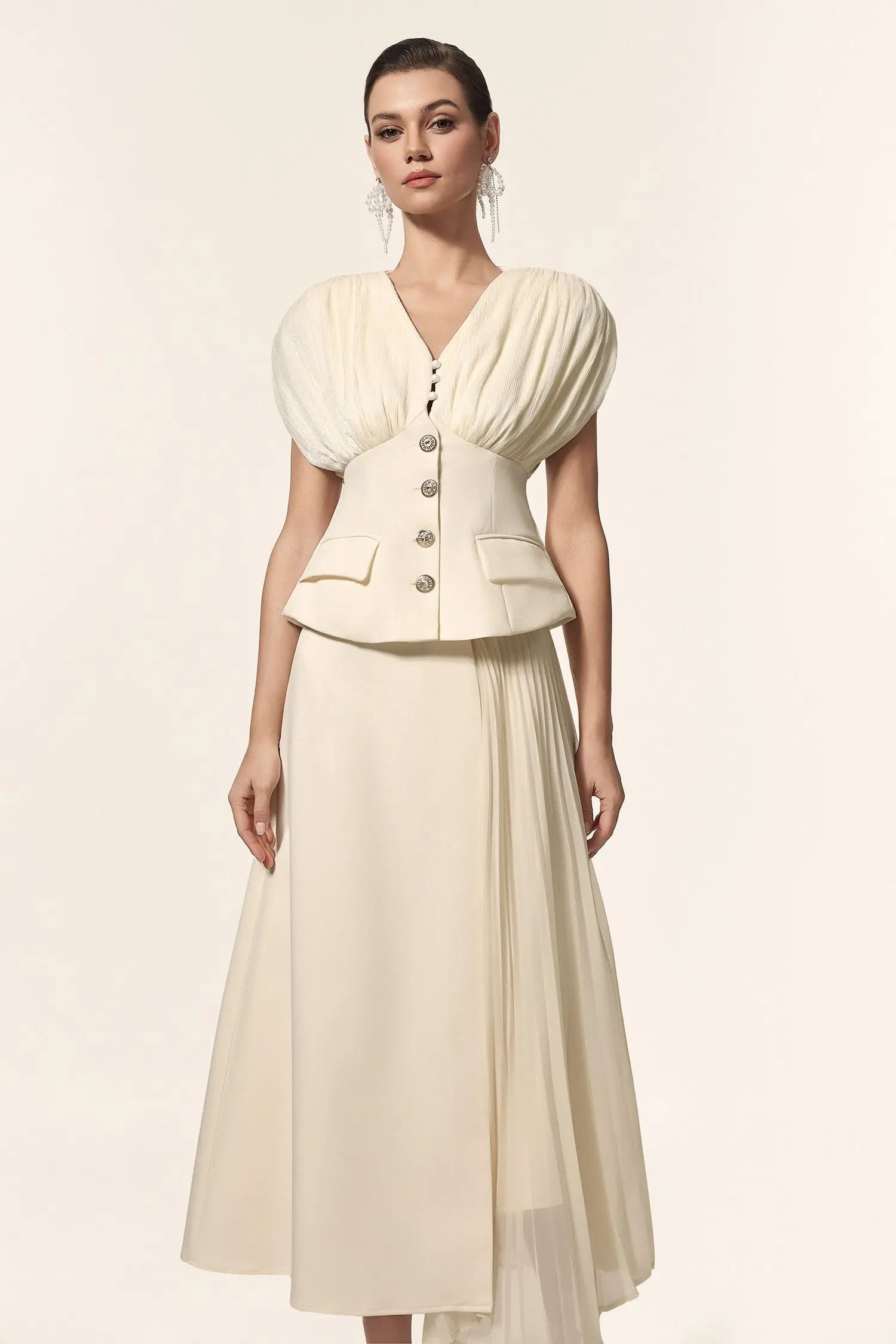 V-Neck Sleeveless Folds Top And Skirt Two-Piece Set
