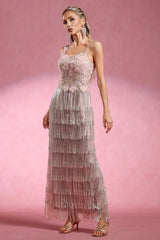 Opala Sleeveless Flowers Diamond Tassels Maxi Dress