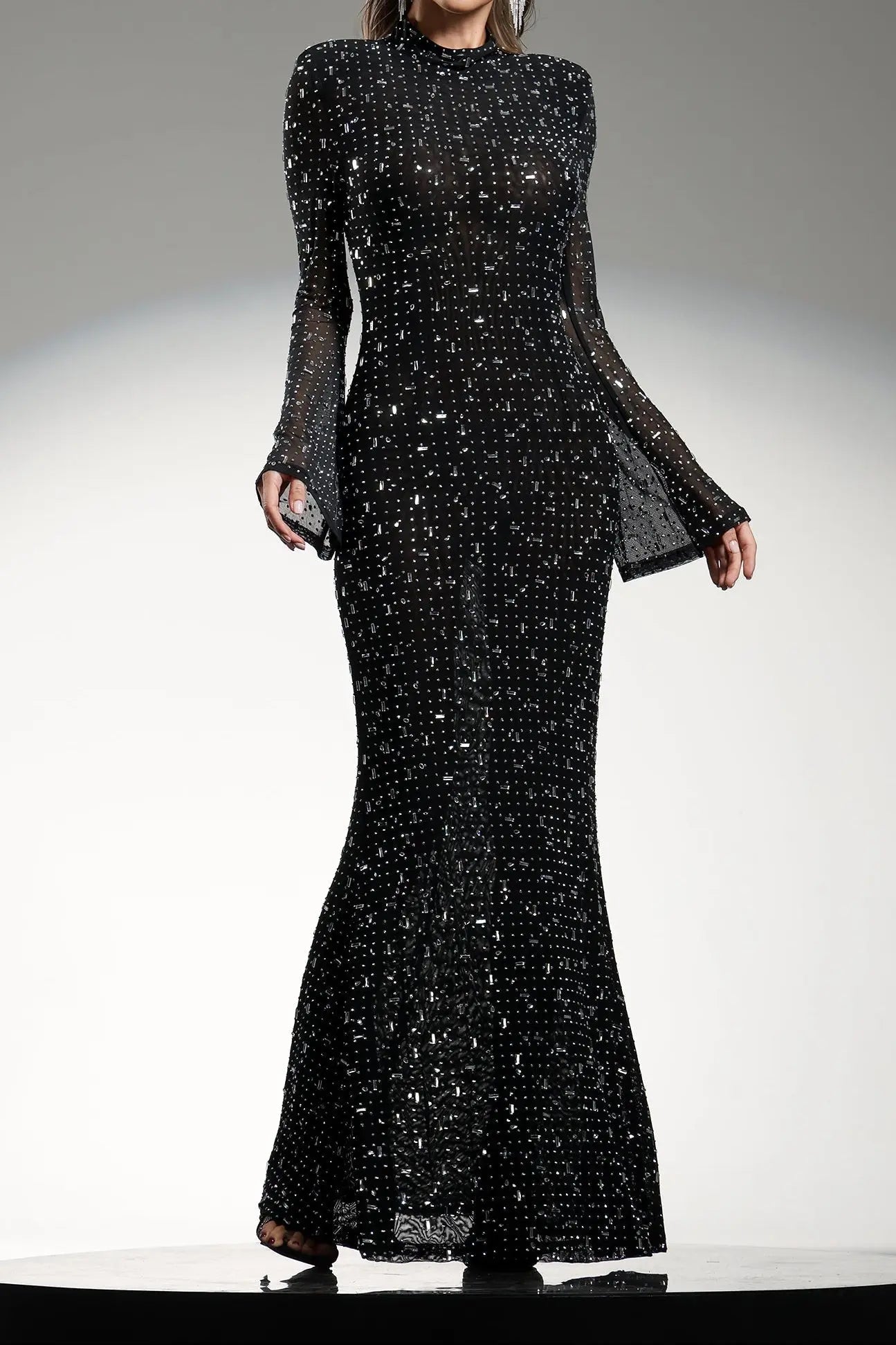 Long Sleeves High Neck Diamond Maxi Dress