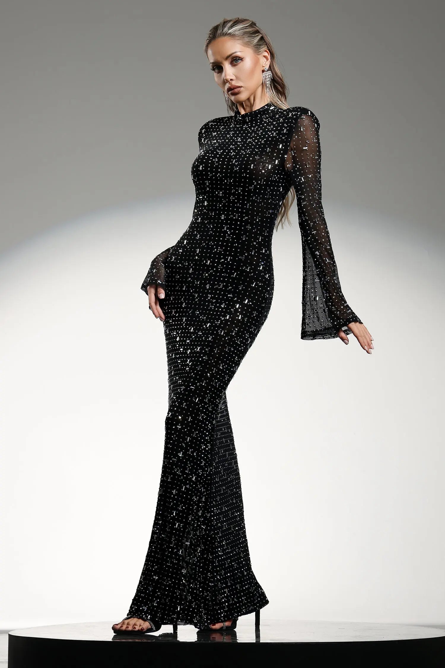 Long Sleeves High Neck Diamond Maxi Dress