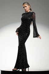Long Sleeves High Neck Diamond Maxi Dress