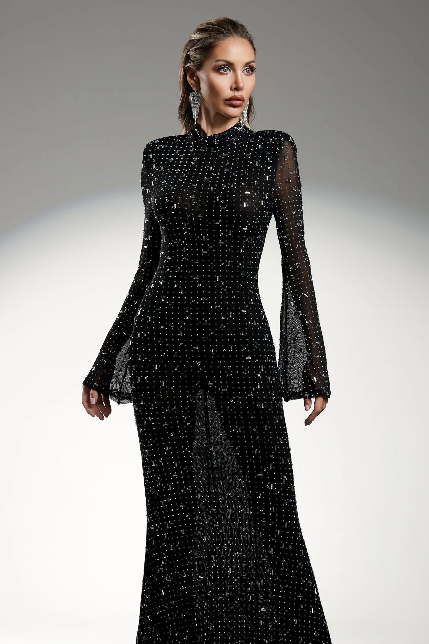 Long Sleeves High Neck Diamond Maxi Dress