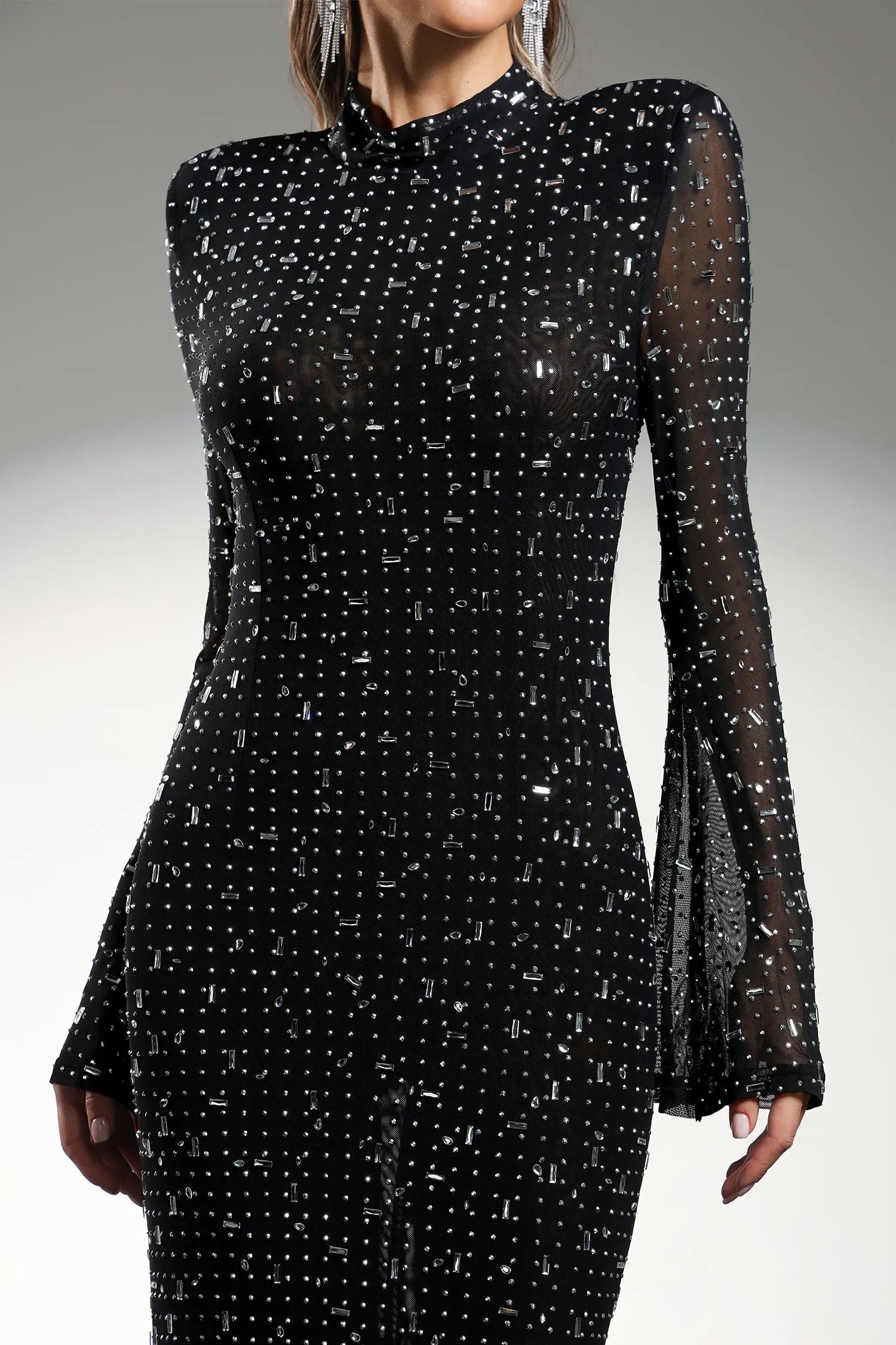 Long Sleeves High Neck Diamond Maxi Dress