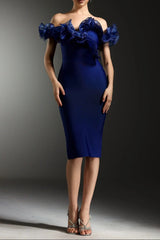 Off-Shoulder Flounce Bandage Blue Midi Dress