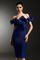 Off-Shoulder Flounce Bandage Blue Midi Dress