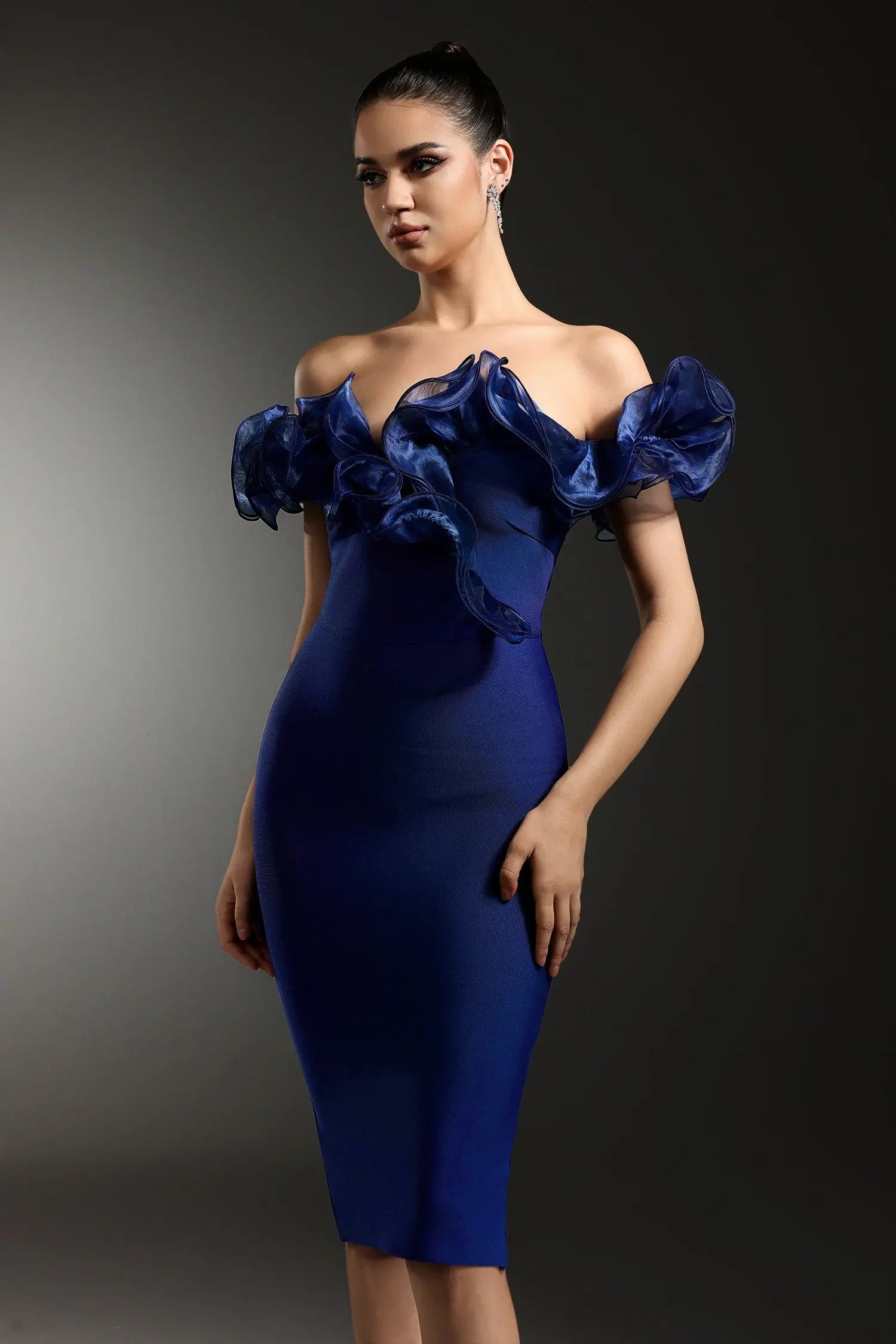 Off-Shoulder Flounce Bandage Blue Midi Dress