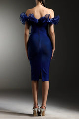 Off-Shoulder Flounce Bandage Blue Midi Dress