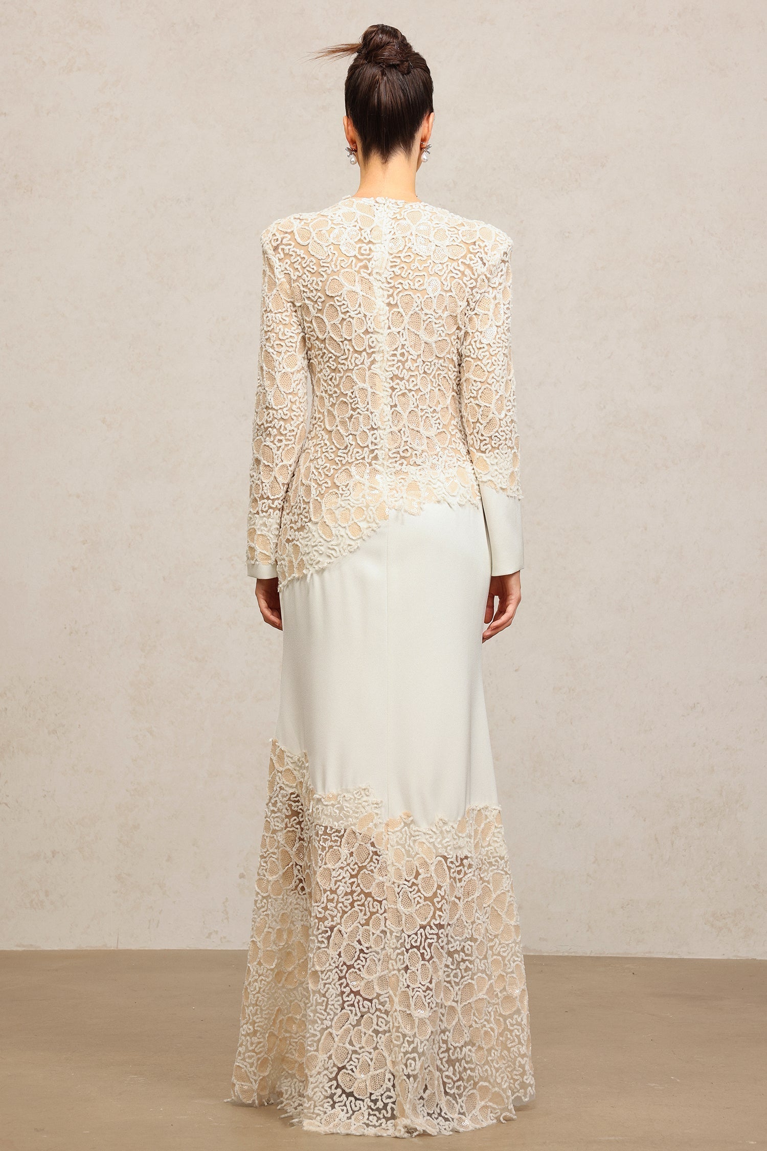 Beige Lace Embroidered Long Sleeve Maxi Dress