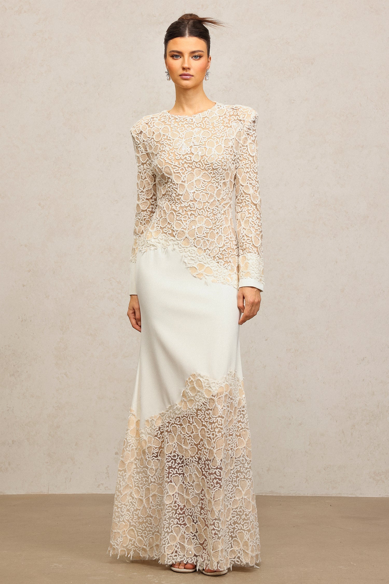 Beige Lace Embroidered Long Sleeve Maxi Dress