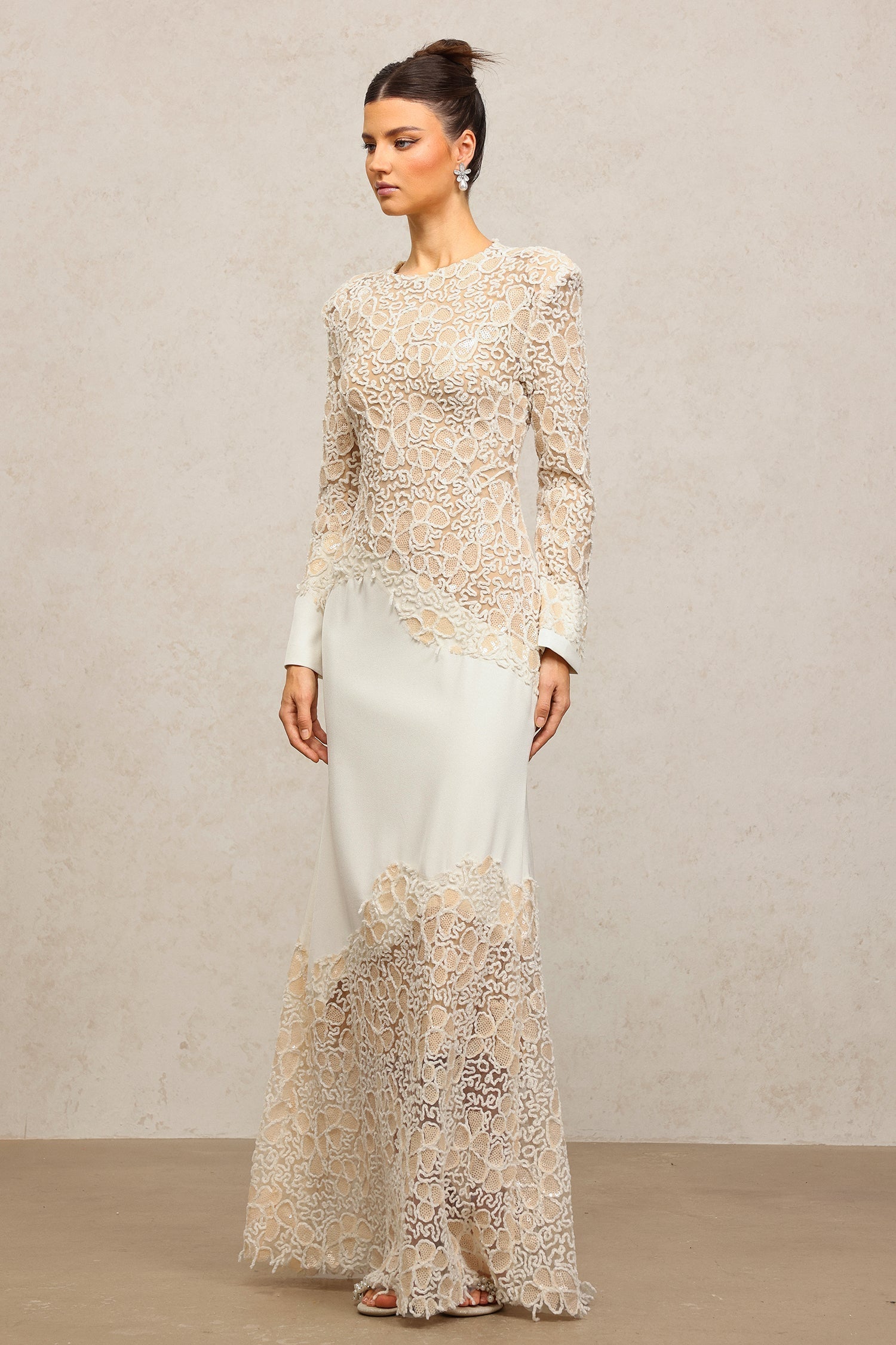 Beige Lace Embroidered Long Sleeve Maxi Dress