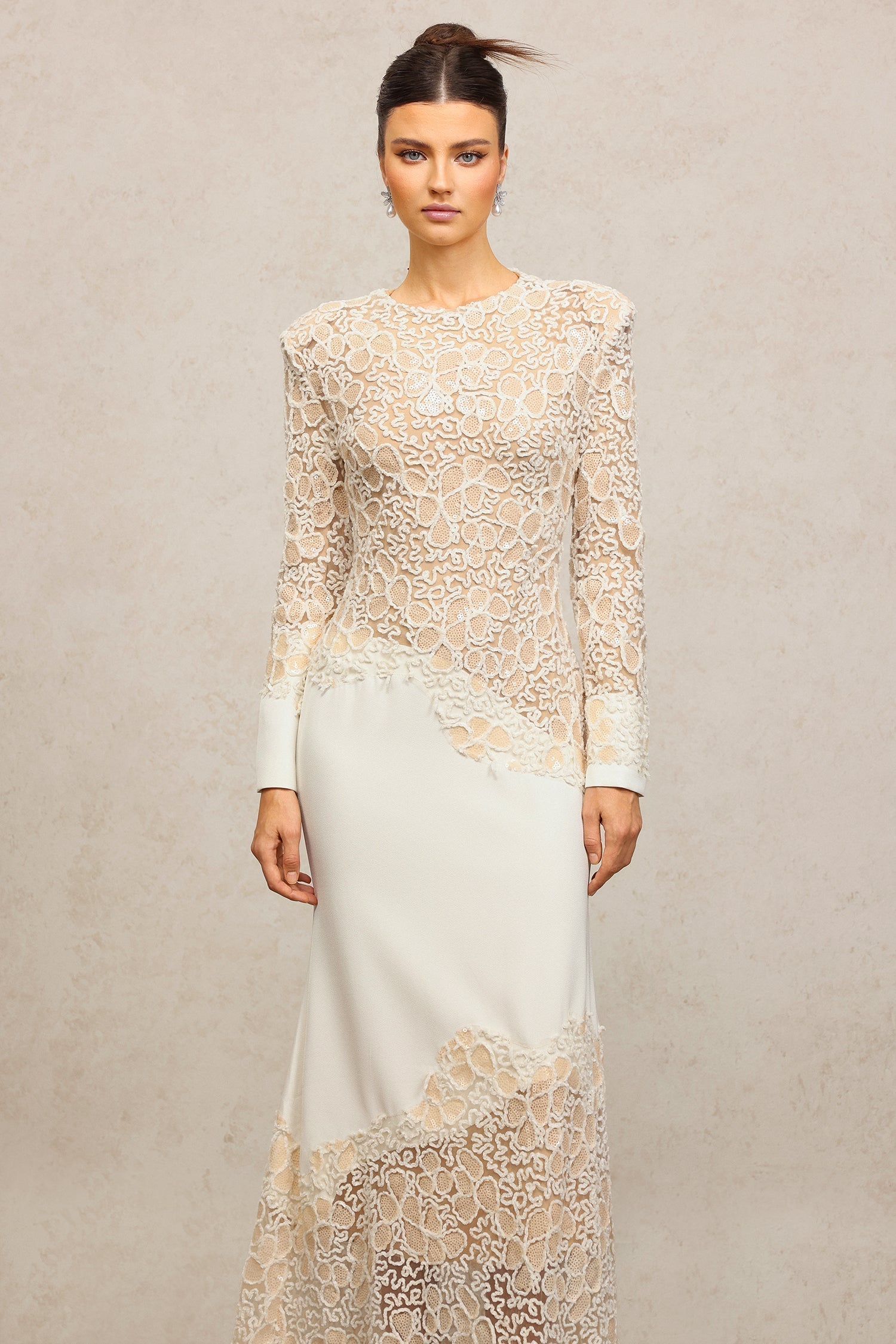 Beige Lace Embroidered Long Sleeve Maxi Dress
