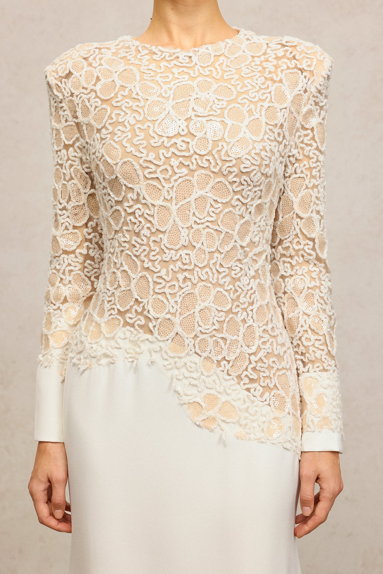 Beige Lace Embroidered Long Sleeve Maxi Dress