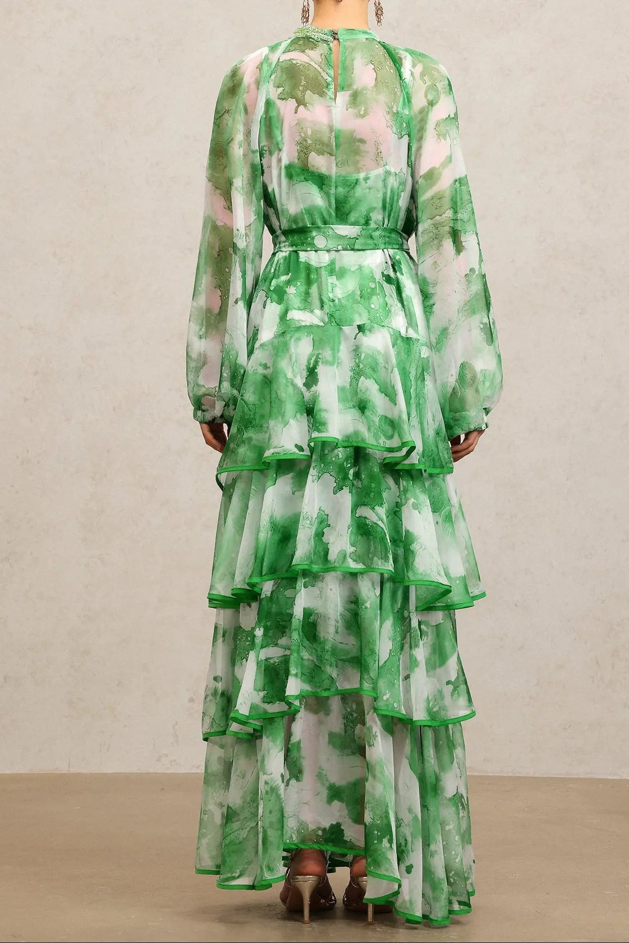 Round Neck Long Sleeves Floral Printed Folds Green Maxi Dress