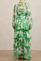 Round Neck Long Sleeves Floral Printed Folds Green Maxi Dress