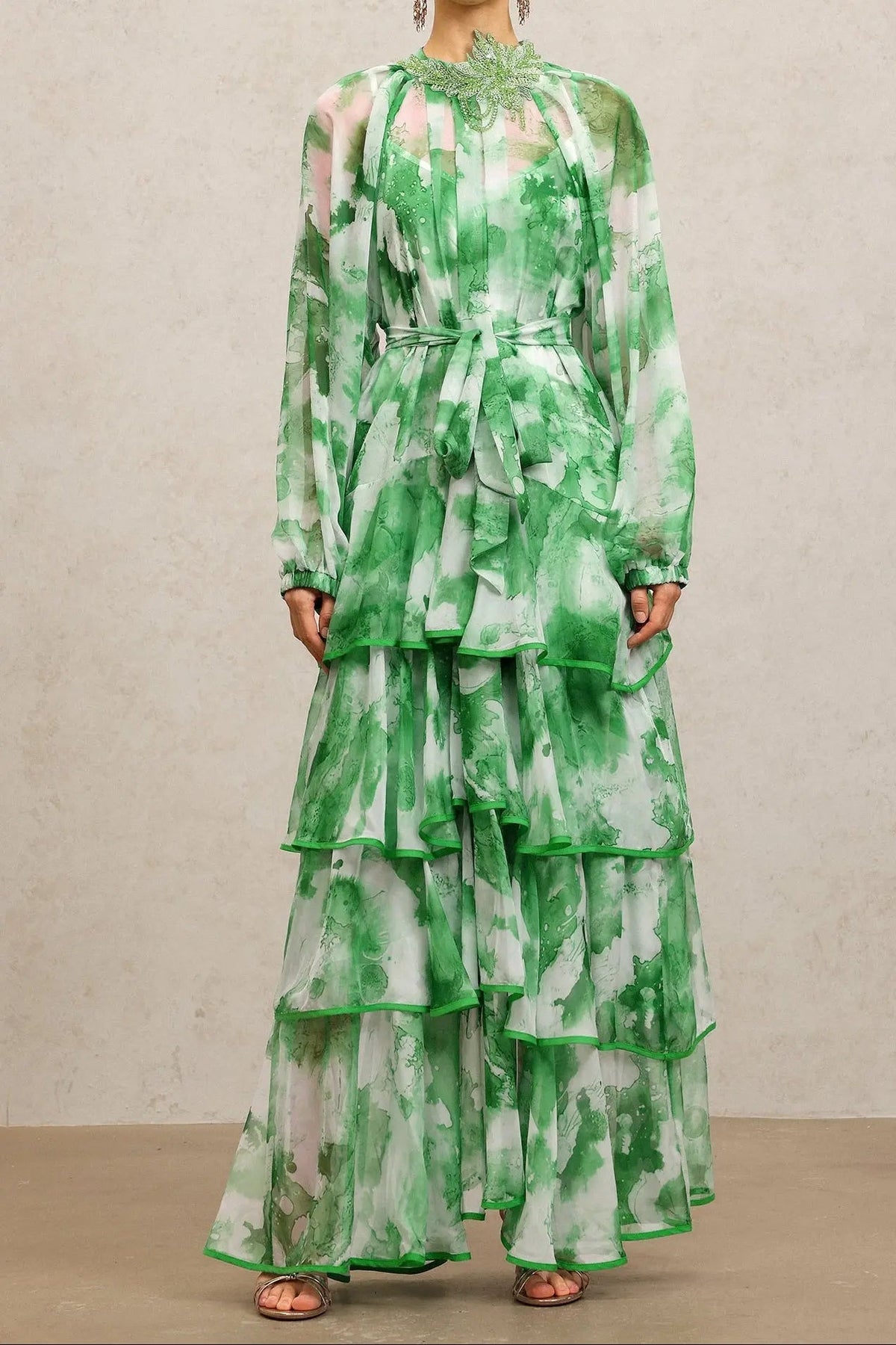 Round Neck Long Sleeves Floral Printed Folds Green Maxi Dress
